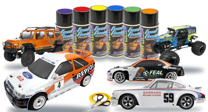 HPI Racing body shells, six Fastrax Fast Finish spray paints, masking tape and body scissors