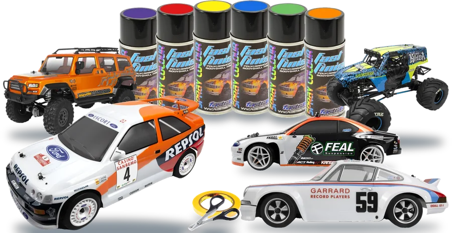 HPI Racing body shells, Fastrax Fast Finish spray paints, masking tape and body scissors