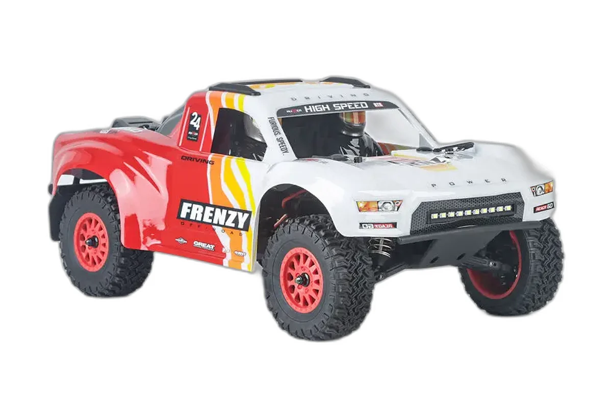 Hoshi N517B Frenzy 1:12 short course truck with a red and white body and red wheels, front three-quarter view on white