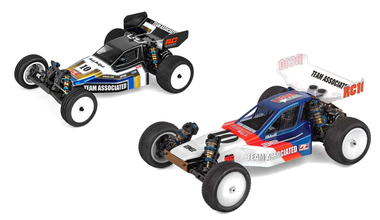 Team Associated RB10 Retro Factory Team in black and white beside the blue, white and red RC10 4WD Factory Team, 1:10 racing buggy kits on white