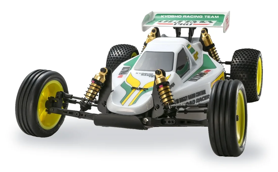 Kyosho Ultima Pro Vintage Series 1:10 2WD racing buggy from the front, white body with green and yellow graphics and gold shocks