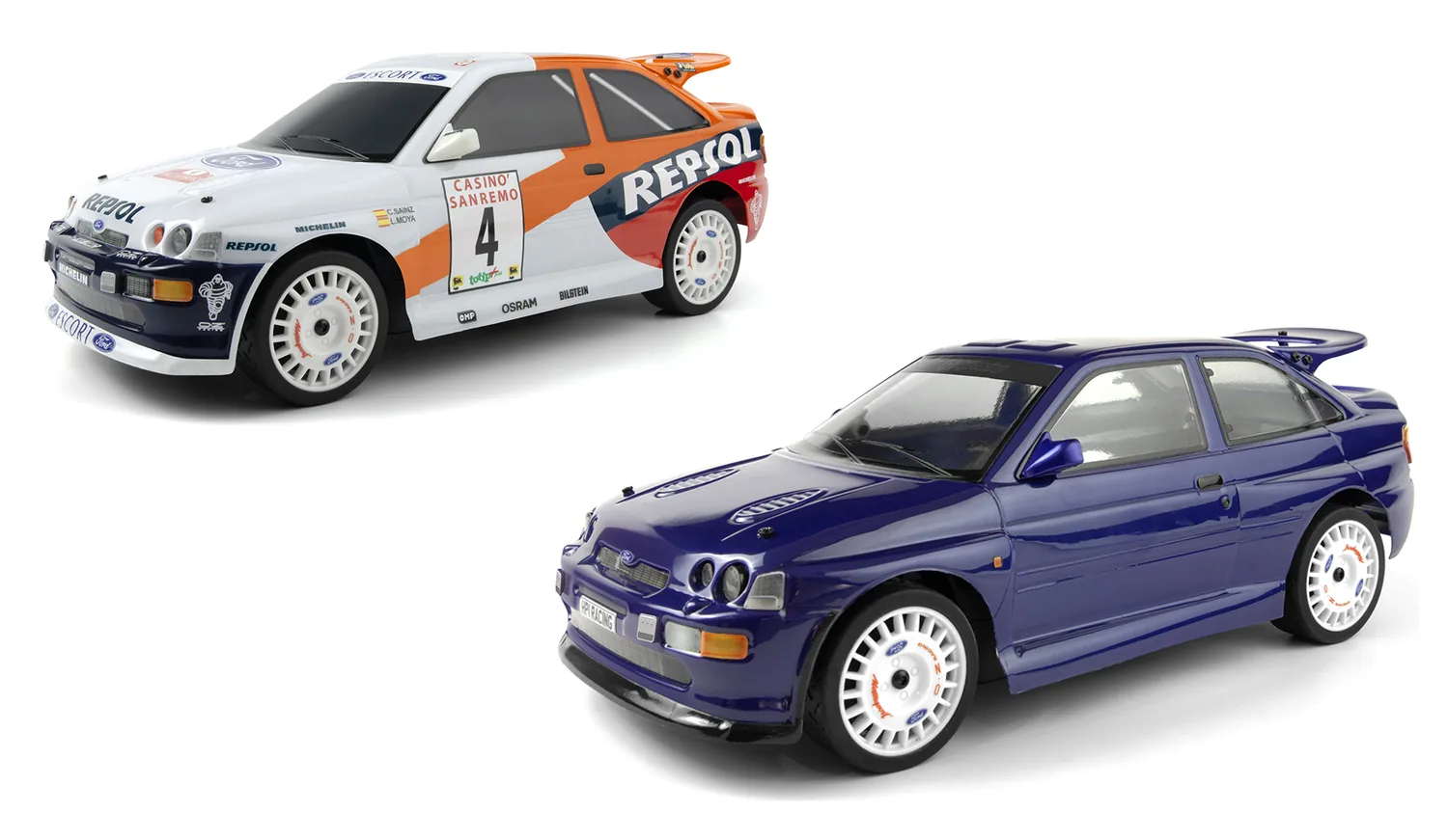 HPI Racing VectR4 Ford Escort RS Cosworth in the white, orange and blue 1996 Sanremo Rally livery beside the Imperial Blue version, small-scale RC rally cars on white
