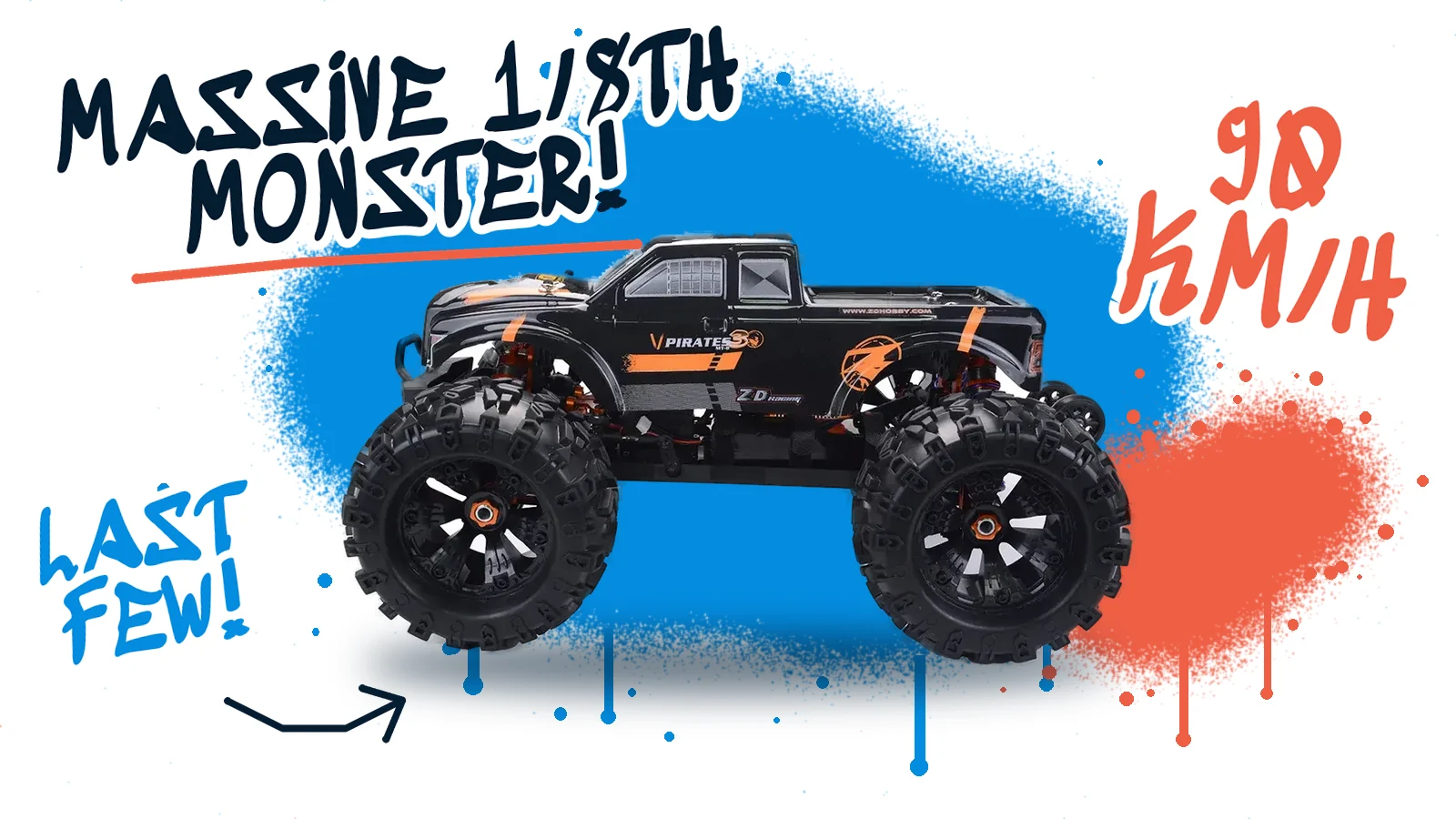 ZD Racing 9116-V4 MT8 1:8 monster truck in black and orange, side view over blue and orange spray paint, lettered Massive 1/8th monster, 90 km/h, last few