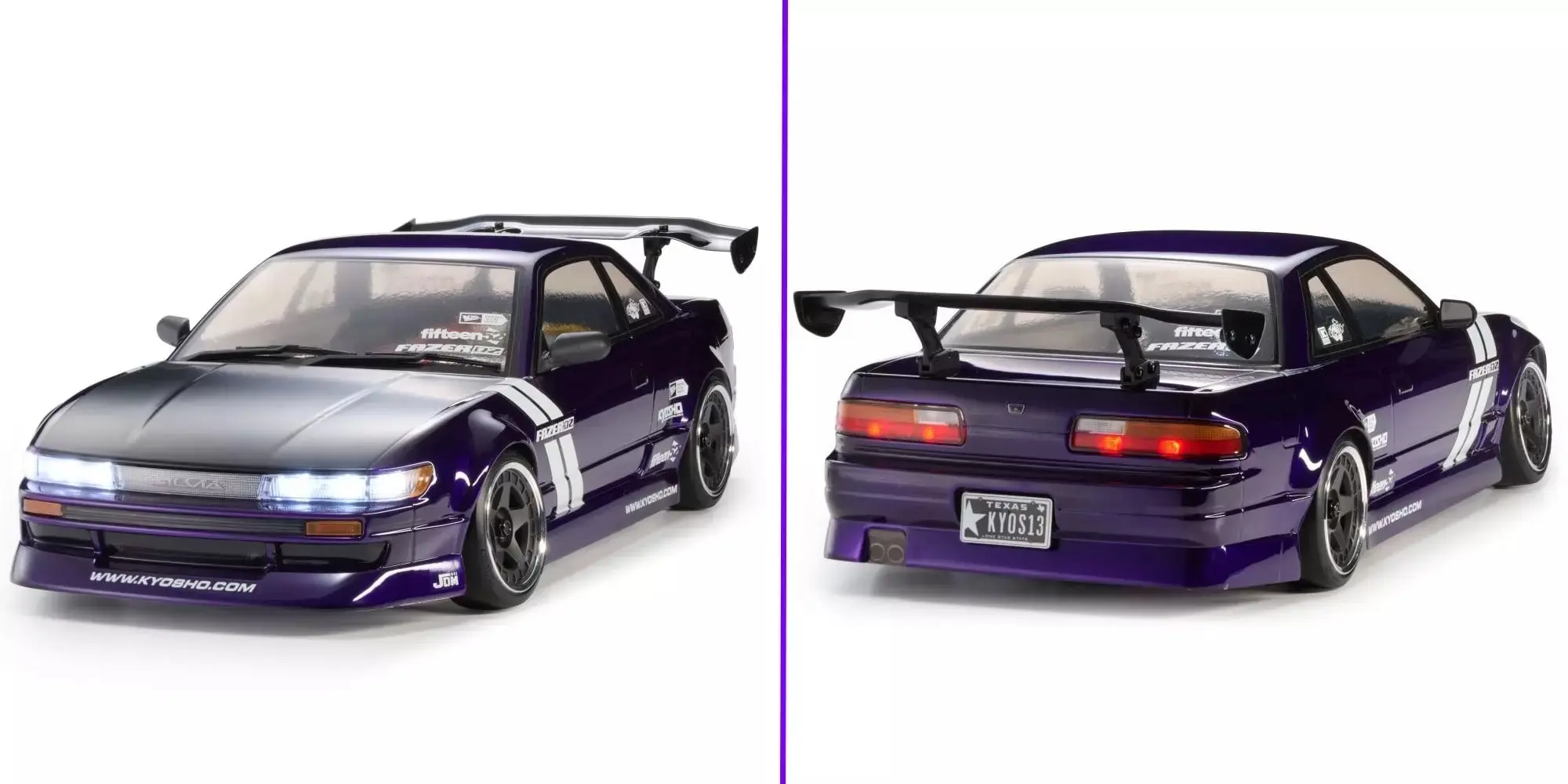 Purple Kyosho Silvia S13 RC body front and rear with LED light units fitted