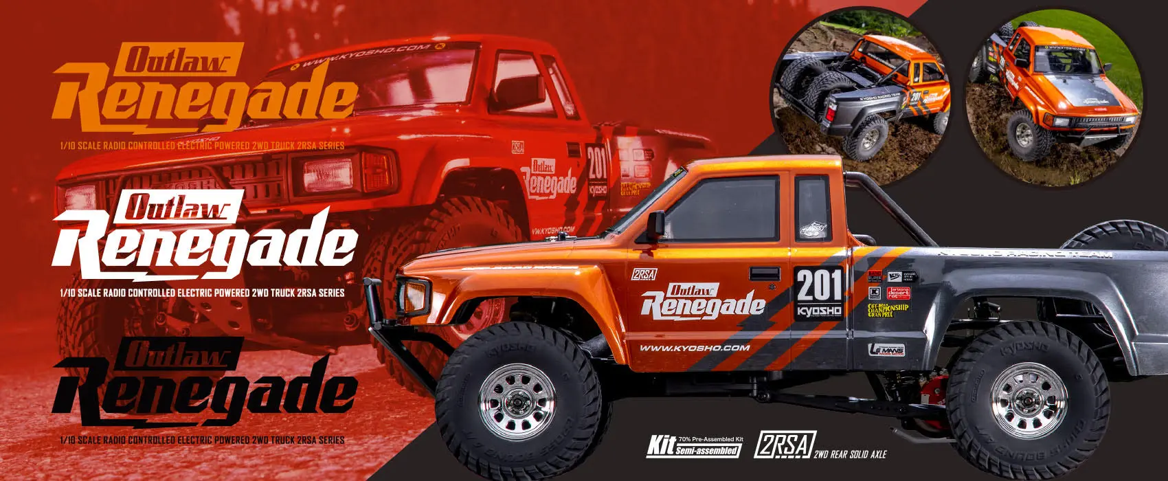 Kyosho Outlaw Renegade 1:10 2WD pickup truck in orange and grey, 2RSA series