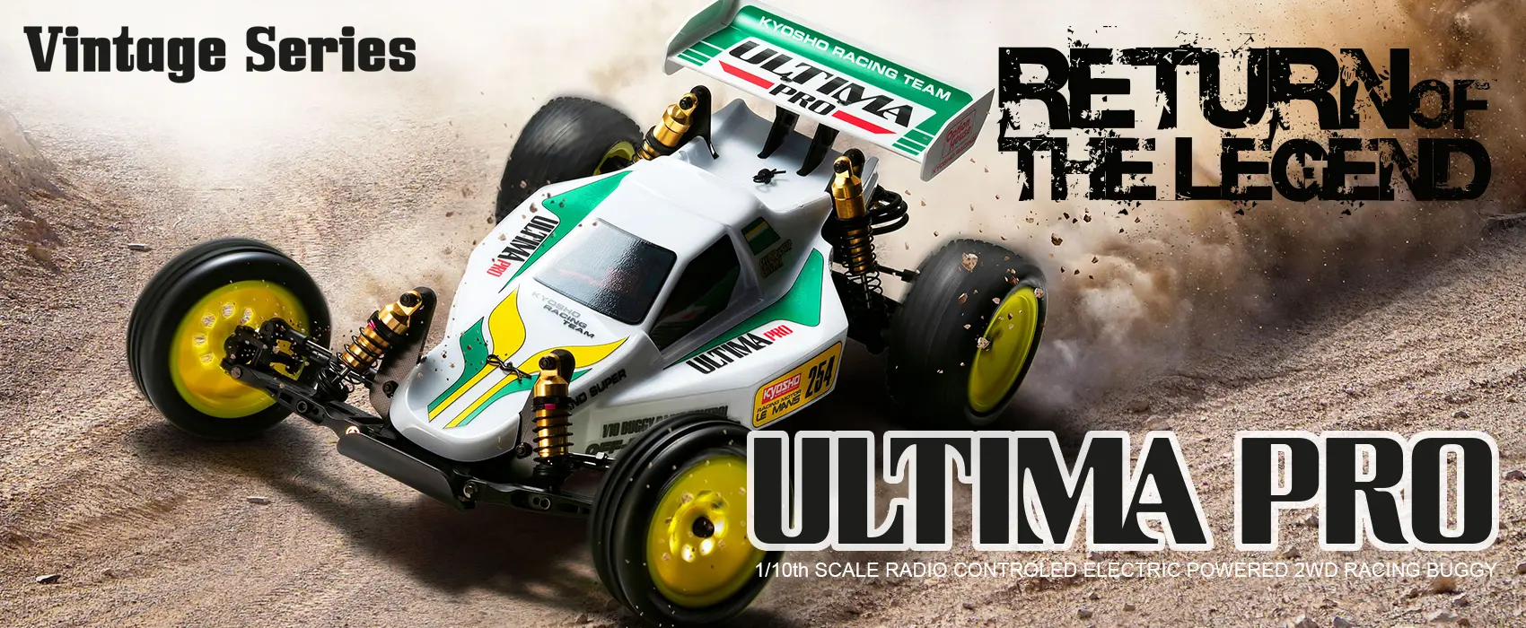 Kyosho Ultima Pro Vintage Series buggy sliding through dust, Return of the Legend