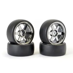 Fastrax 1/10 (4) Drift D1 Tyre W/3mm 6-Spoke Wheel- Bk Chrome
