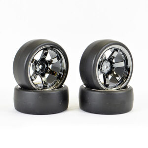 Fastrax 1/10 (4) Drift D1 Tyre W/9mm 6-Spoke Wheel- Bk Chrome