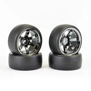 Fastrax 1/10 (4) Drift D1 Tyre W/9mm 6-Spoke Wheel- Bk Chrome