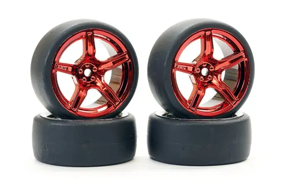 Fastrax 1/10 (4) Drift D1 Tyre W/3mm 5-Spoke Wheel- Met Red