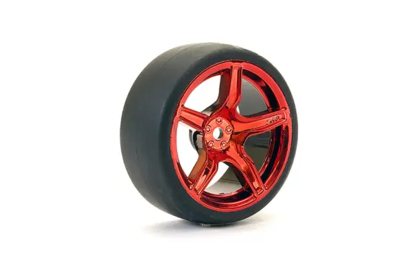 Fastrax 1/10 (4) Drift D1 Tyre W/3mm 5-Spoke Wheel- Met Red