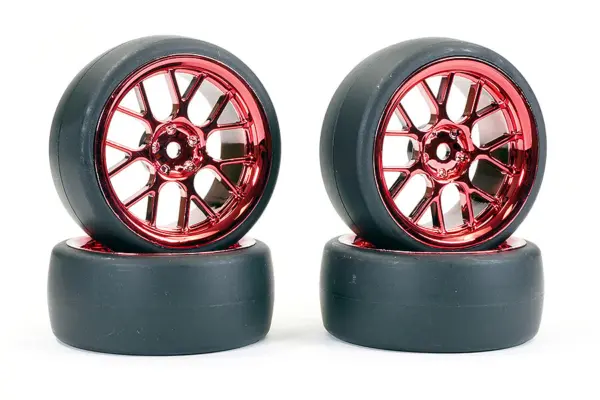 Fastrax 1/10 (4) Drift D1 Tyre W/3mm 14-Spoke Wheel - Met Red