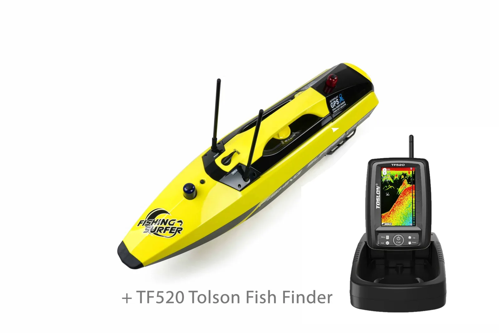Joysway Fishing Surfer V3 bait boat in yellow with the Toslon TF520 fish finder