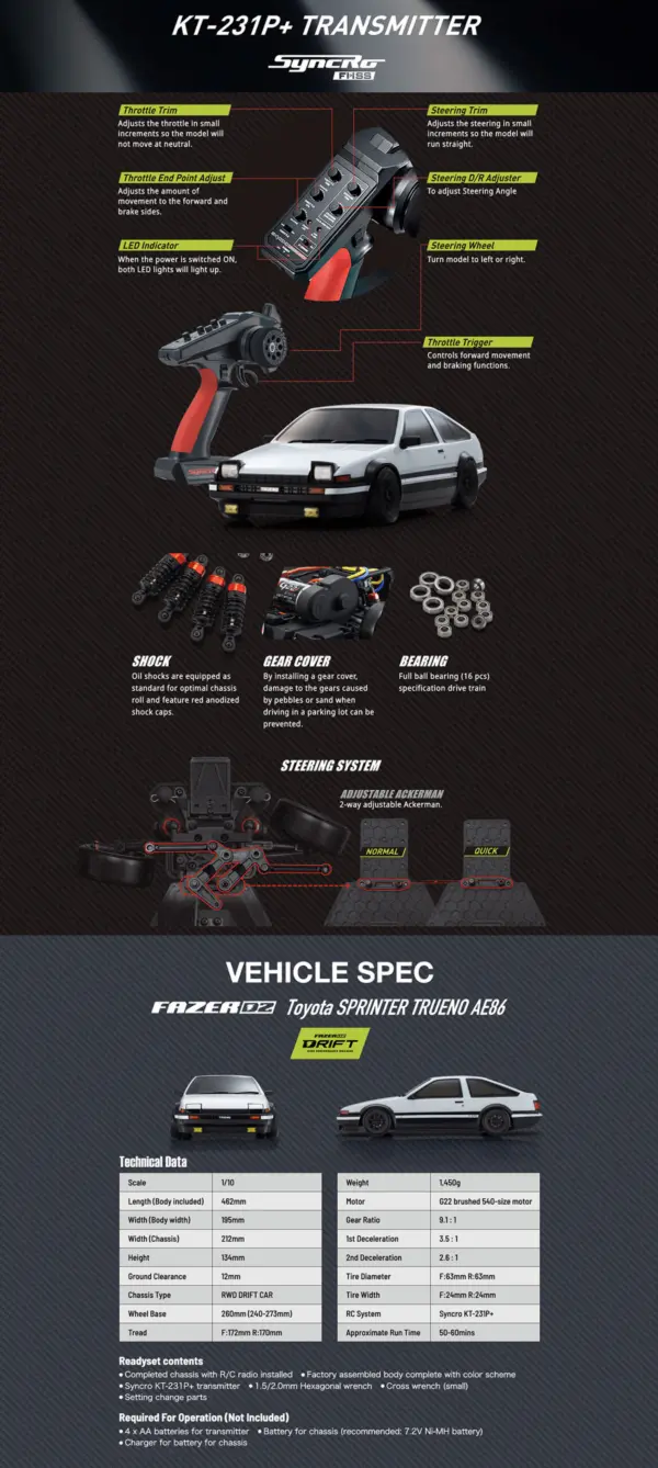 Kyosho Fazer D2 Toyota Sprinter Trueno AE86 White 1:10 Drift Readyset