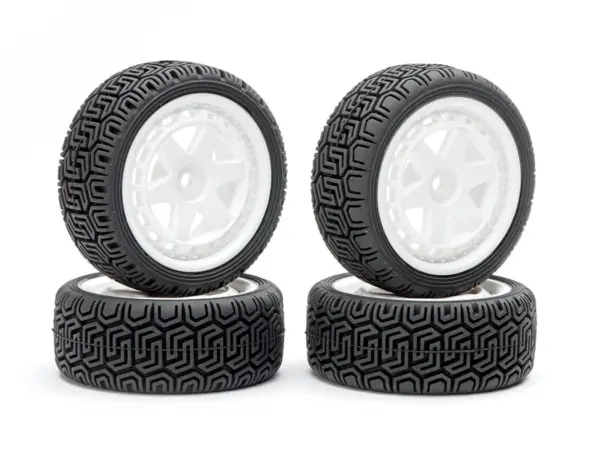 Fastrax 1/10 'Geometric' Rally Tyres/6-Spoke White Wheels (4)
