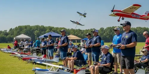Group of RC enthusiasts enjoying an outdoor club event with various models