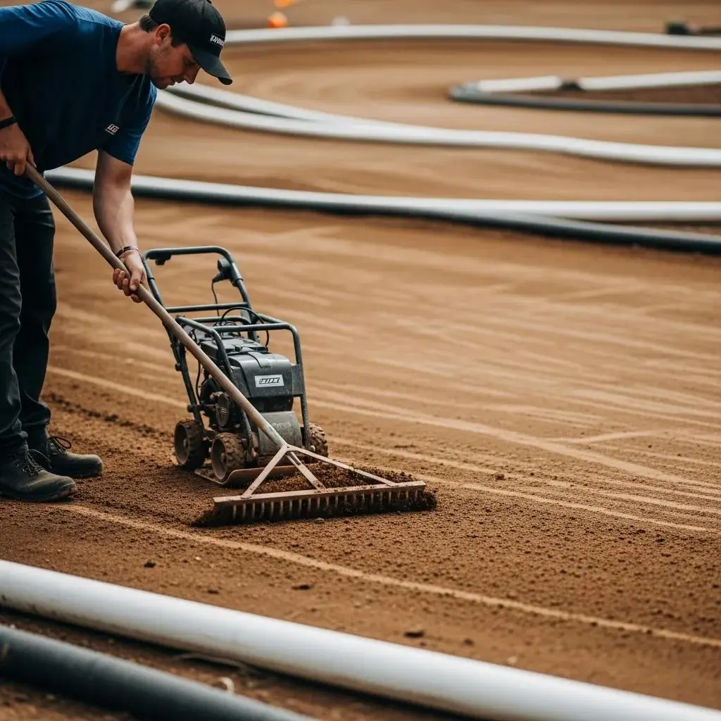 Person maintaining a dirt electric RC track with tools, highlighting maintenance practices