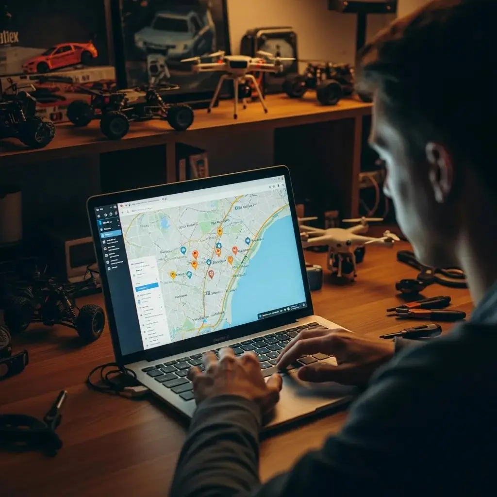 Person searching for local RC clubs on a laptop with a map on the screen