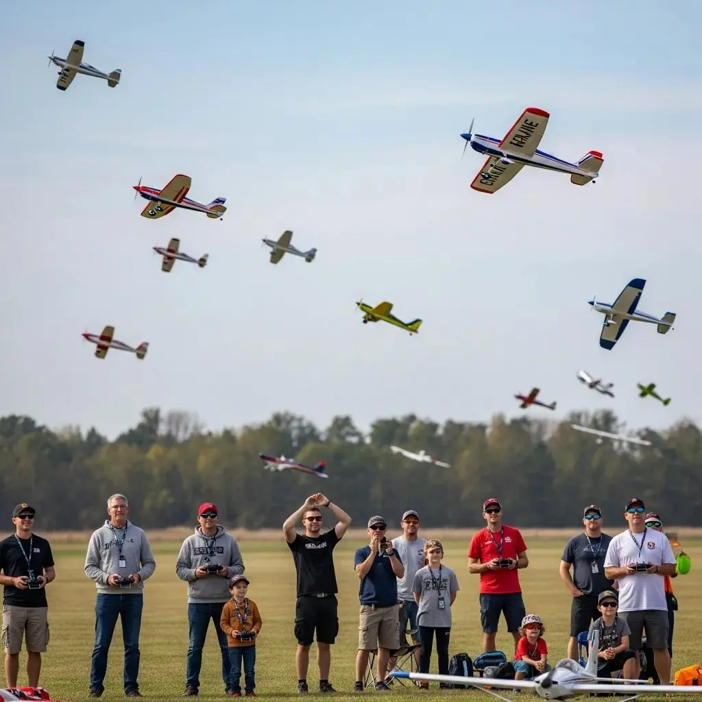 RC club members participating in a fun fly event with various aircraft in the sky