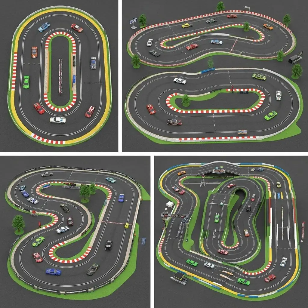 Various electric RC track layouts including oval, figure-8, and technical designs with cars