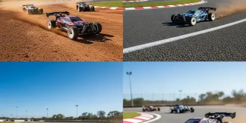 Various RC track surfaces with cars racing, highlighting the excitement of RC racing