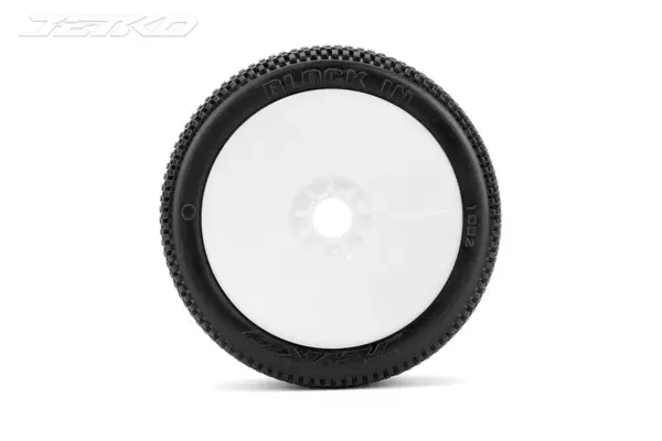 Jetko Block in Ultra Soft 1:8 Buggy Pre-Glued White Revo Rims (2)
