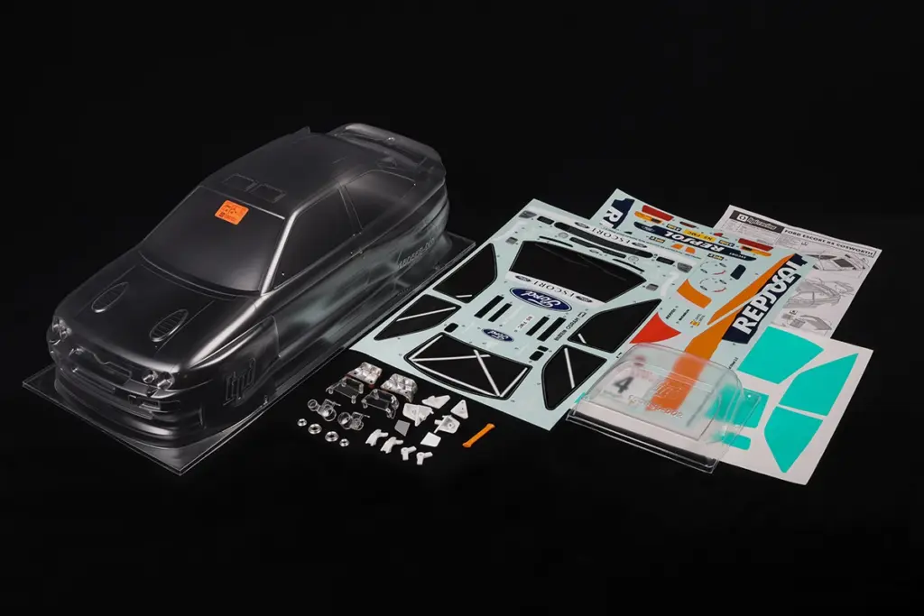 HPI Racing Ford Escort RS Cosworth clear body shell with its decal sheets and accessories, as supplied