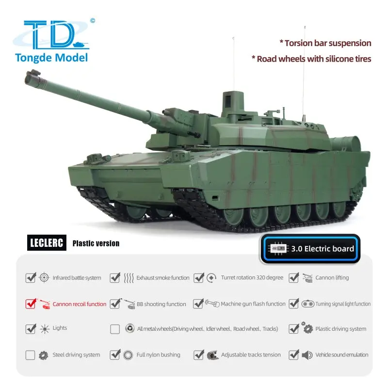 1/16 Tongde RC Tank H2408 Leclerc Battle Tank RTR Infrared BB Shooting Barrel Recoil 320 Degree Electric Toy Model Battery