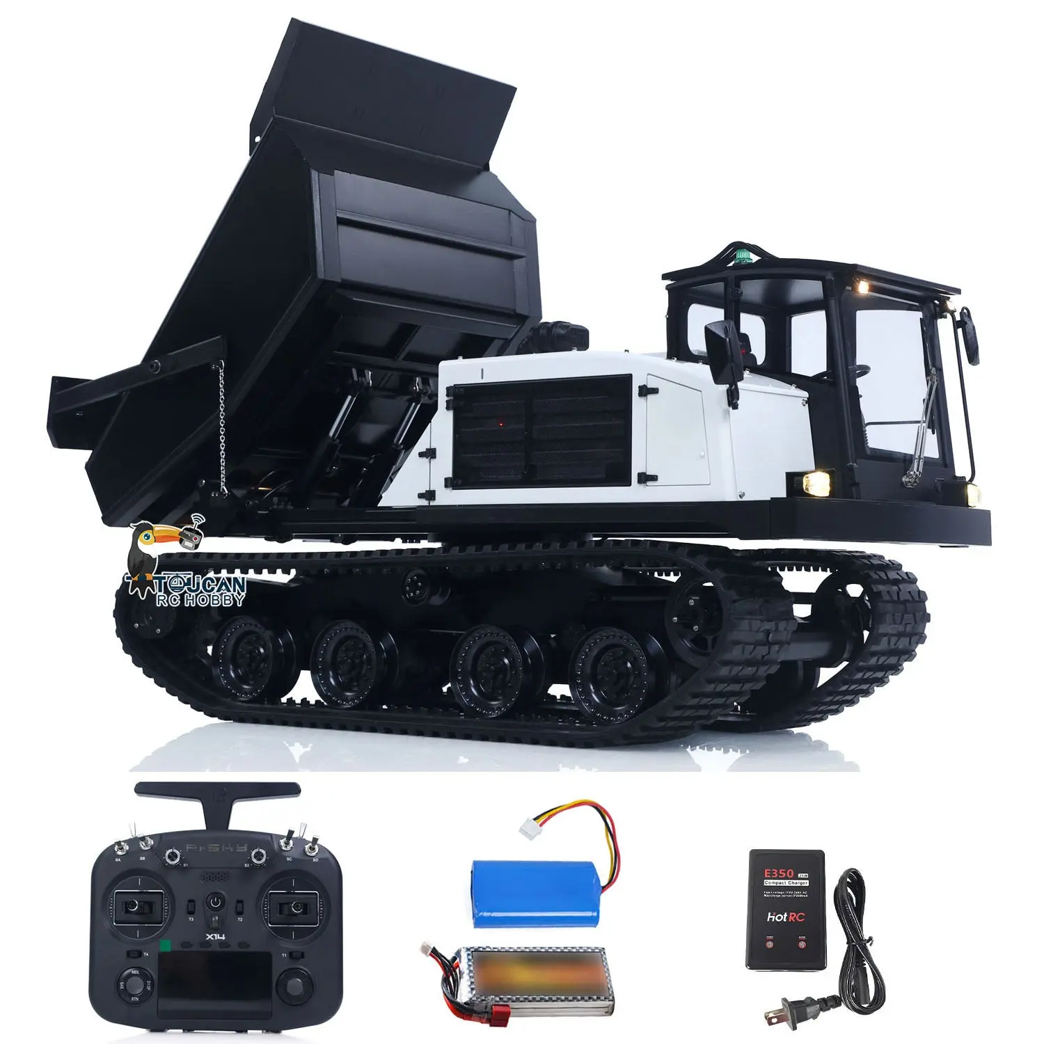 Super Frog 1/14 RC Hydraulic Crawler Dumper Truck T14R RTR Radio Controlled Metal Tracked Tipper Hydraulic Construction Vehicles Frsky X14 Light Electric Wiper
