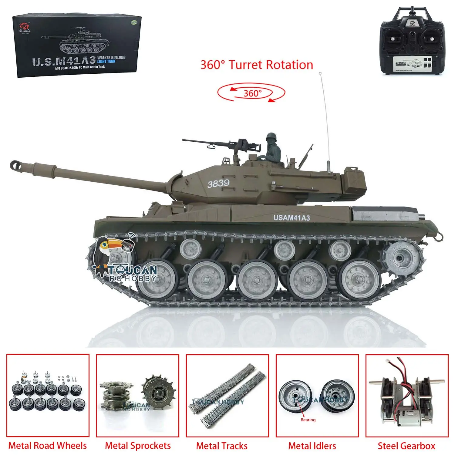 Henglong 1/16 7.0 Customized Walker Bulldog RTR RC Tank 3839 Remote Controlled Model Smoking 360 Degree Full Metal Road Wheels