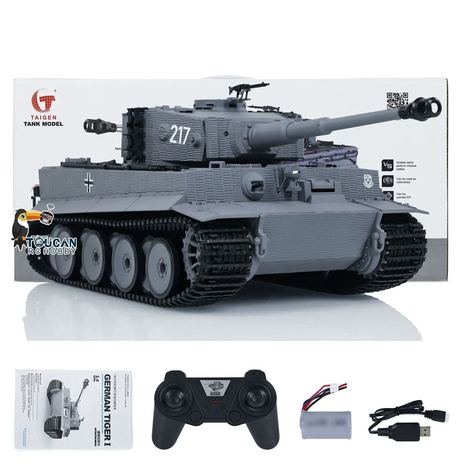Taigen 1/24 RC Battle Tank Tiger I Remote Control Military Tanks Model Infrared Combat LED Flash battery
