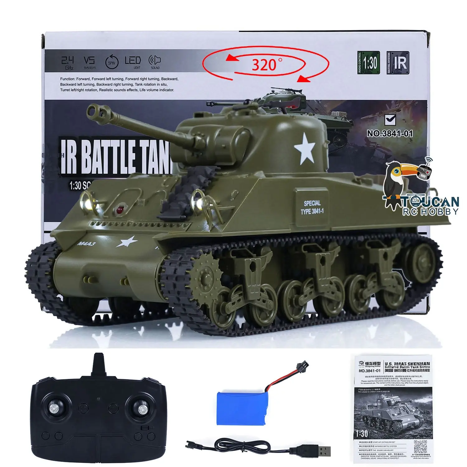 1/30 Heng Long Plastic RC Battle Tank Remote Control Panzer Sherman M4A3 3841-01 2.4G Infrared Combating System