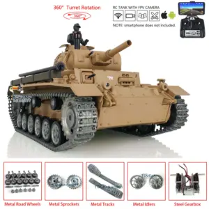 Henglong FPV 1/16 7.0 Customized Panzer III H RTR RC Tank 3849 Metal Track Wheel Radio Controller Infrared Combating Transmitter & Receiver BB Pellets