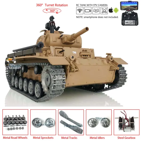 Henglong FPV 1/16 7.0 Customized Panzer III H RTR RC Tank 3849 Metal Track Wheel Radio Controller Infrared Combating Transmitter & Receiver BB Pellets