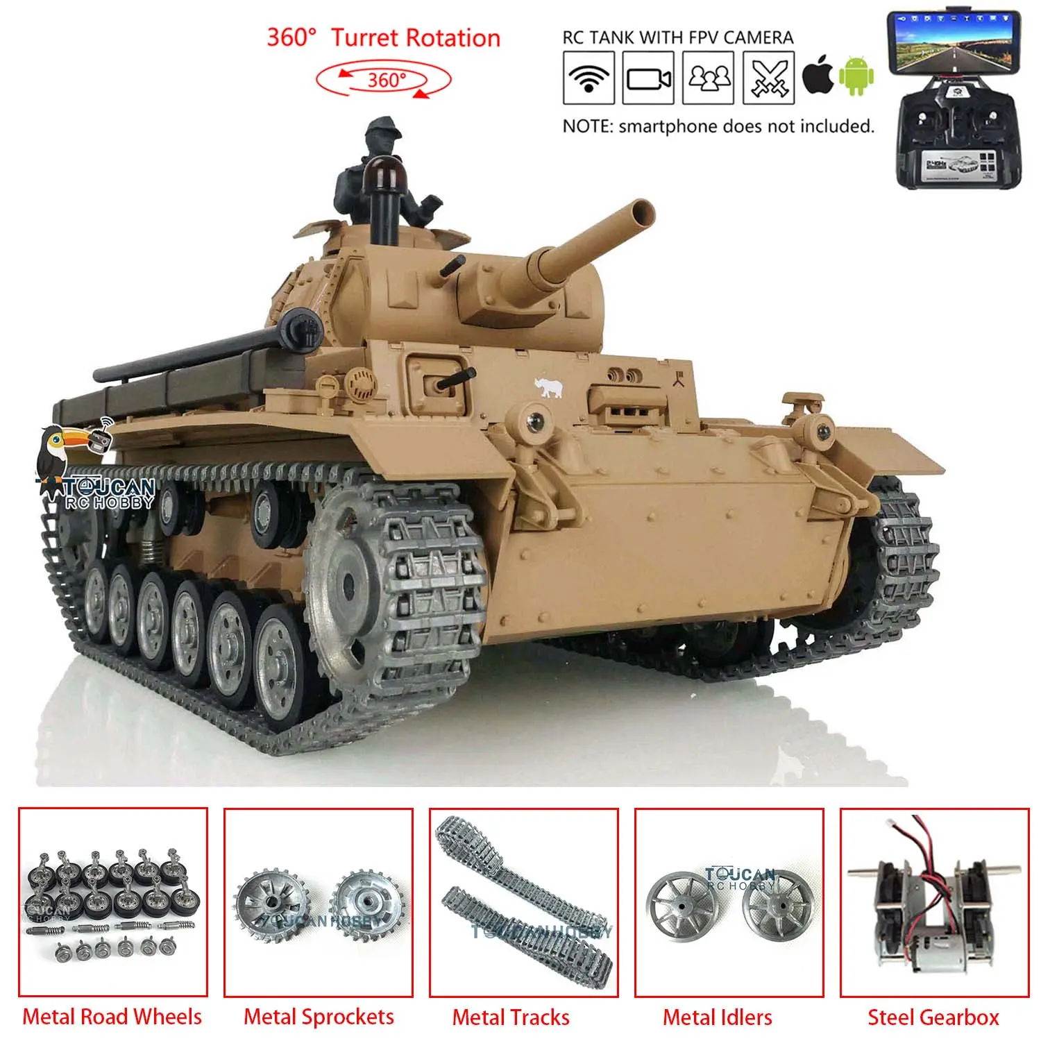 Henglong FPV 1/16 7.0 Customized Panzer III H RTR RC Tank 3849 Metal Track Wheel Radio Controller Infrared Combating Transmitter & Receiver BB Pellets