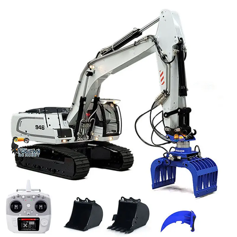 Remote Controlled Excavator 1/14 Scale 946 9CH Tracked Digger Two-Section Arm Metal Grab Bucket Ripper Light Motor ESC Cylinders