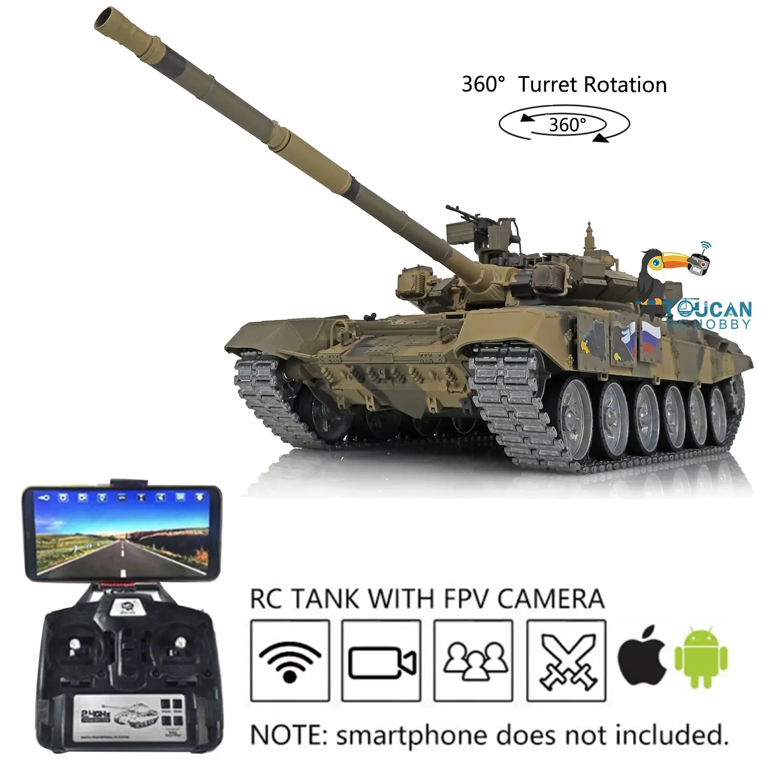 Henglong 7.0 Customized FPV Russian T90 1/16 RTR RC Tank 3938 Model 360Degrees Turret Metal Tracks Wheels IR BB Shooting Unit