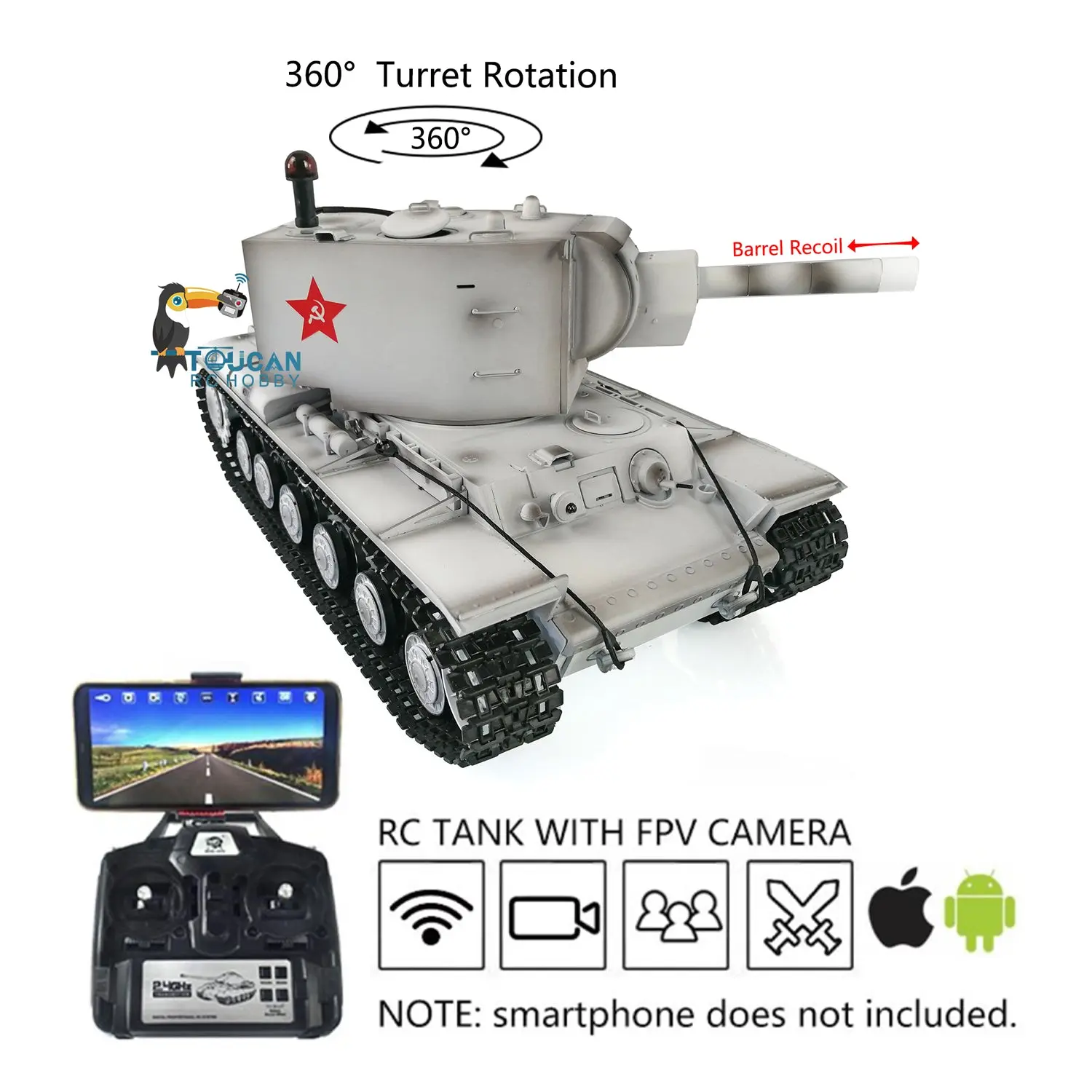 Henglong 1/16 Soviet KV-2 RTR RC Tank Gigant 7.0 FPV 3949 360Degrees Turret Barrel Recoil Steel Driving Gearbox Battery Transmitter