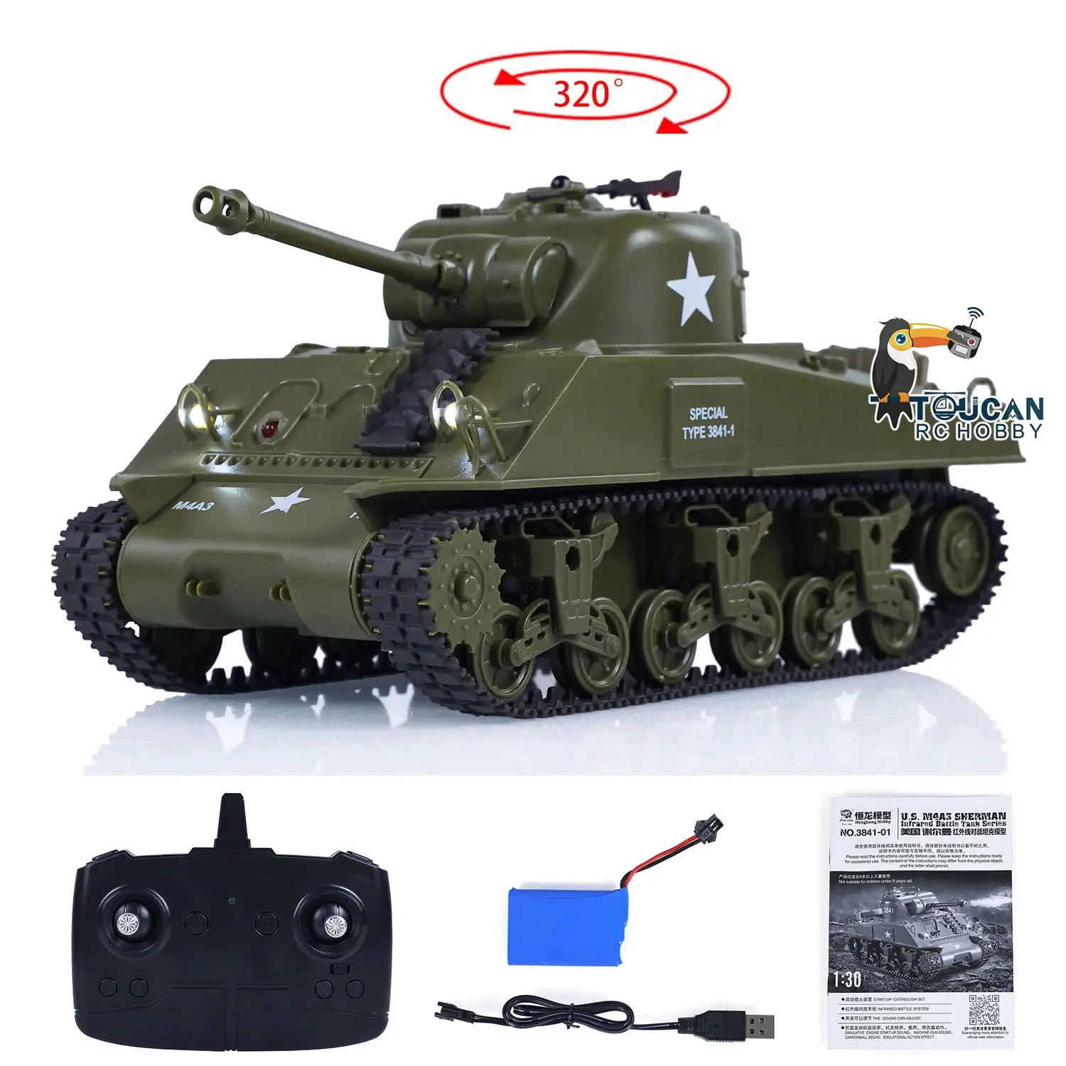 1/30 Heng Long Plastic RC Battle Tank Remote Control Panzer Sherman M4A3 3841-01 2.4G Infrared Combating System