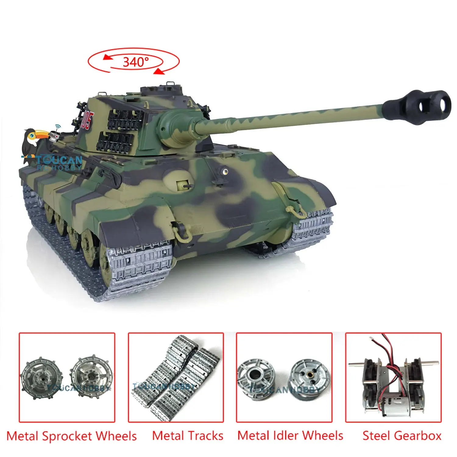 2.4Ghz Henglong 1:16 7.0 German King Tiger RTR RC Tank 3888A Model Metal Tracks 340 Degree Turret Steel Driving Gearbox