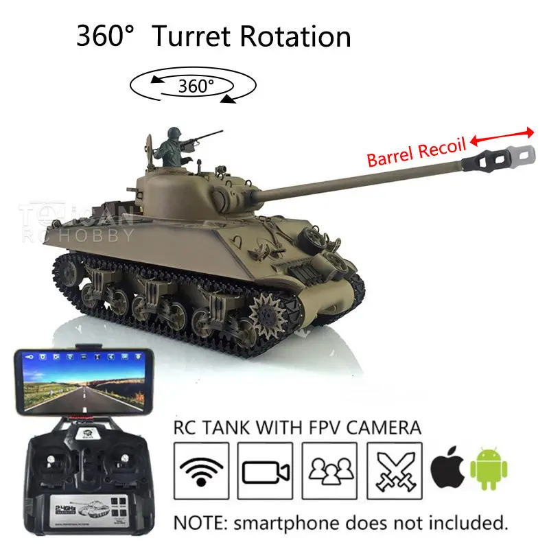 Henglong 1/16 FPV 7.0 M4A3 Sherman RTR RC Tank 3898 w/ 360Degrees Rotating Turret Barrel Recoil FPV Camera Metal Tracks Engine Sound