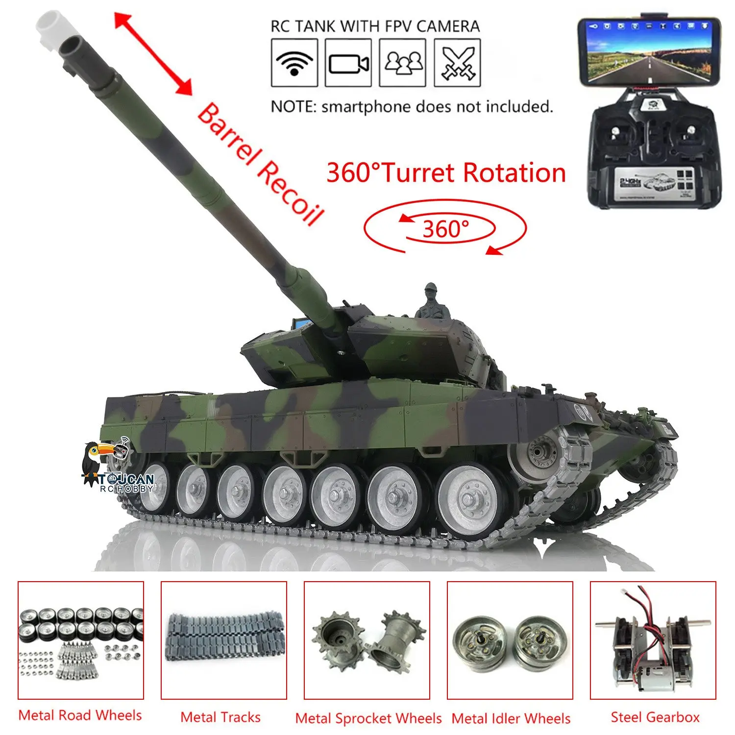 Henglong 1/16 7.0 Version Customized Leopard2A6 RC Tank 3889 w/ Metal Tracks FPV Barrel Recoil BB Shooting 360Degrees Rotating Turret