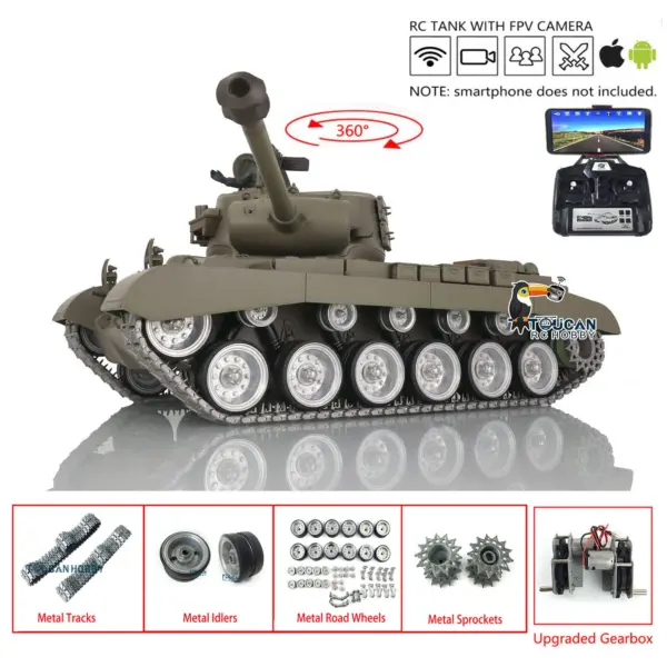 Henglong 1/16 Radio Control Tank 3838 USA M26 Pershing w/ FPV 360Degrees Rotating Turret Engine Sound Metal Road Wheels on RC Tank