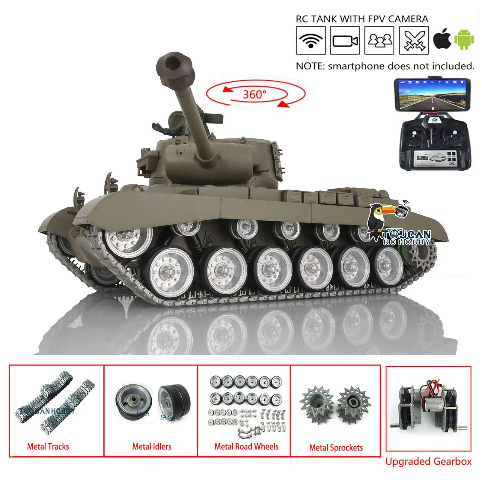 Henglong 1/16 Radio Control Tank 3838 USA M26 Pershing w/ FPV 360Degrees Rotating Turret Engine Sound Metal Road Wheels on RC Tank