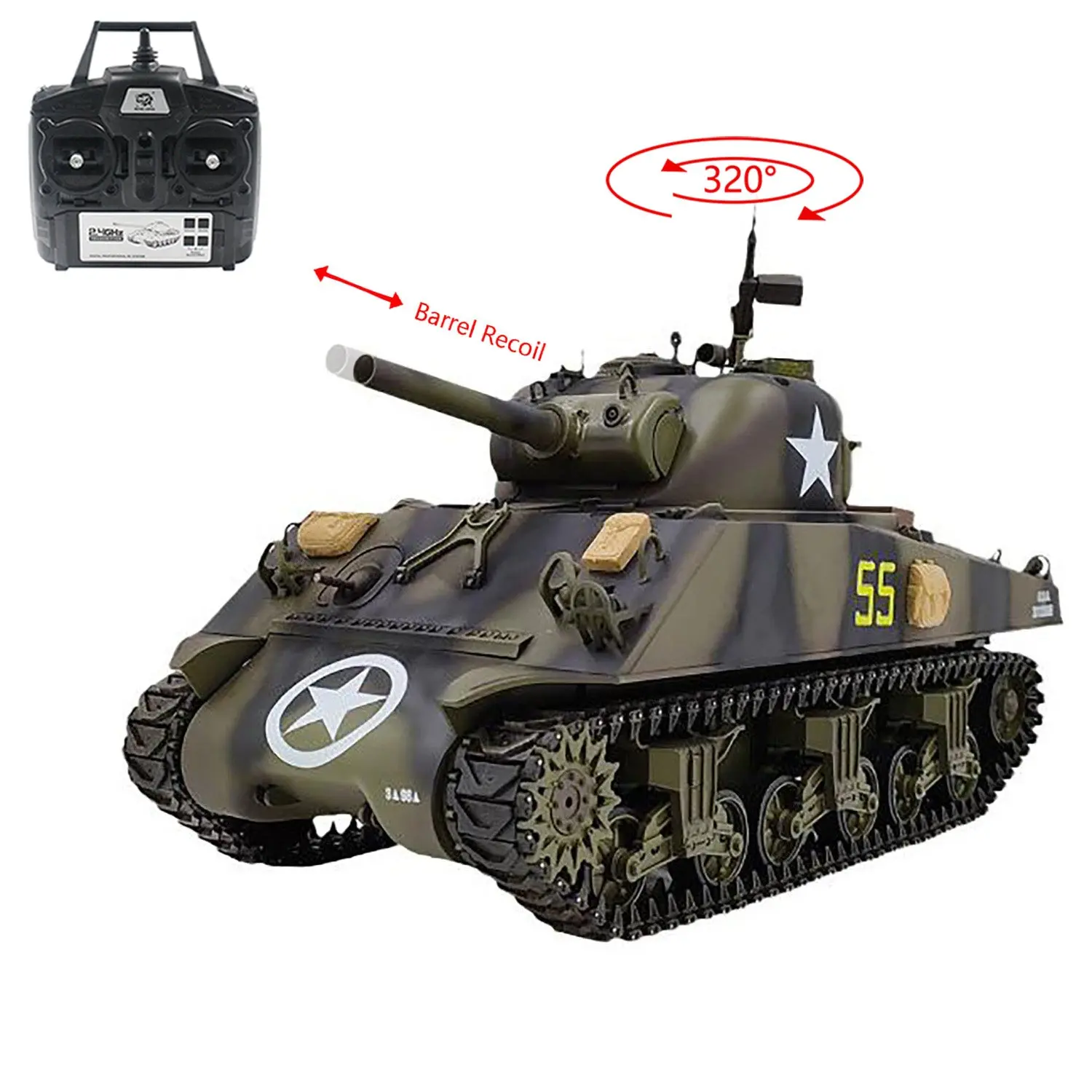 Plastic Henglong 1/16 7.0 RC Tank M4A3 Sherman 3898 320 Degrees Turret Barrel Recoil BB IR Smoking Steel Gearbox Battery 2.4G Radio