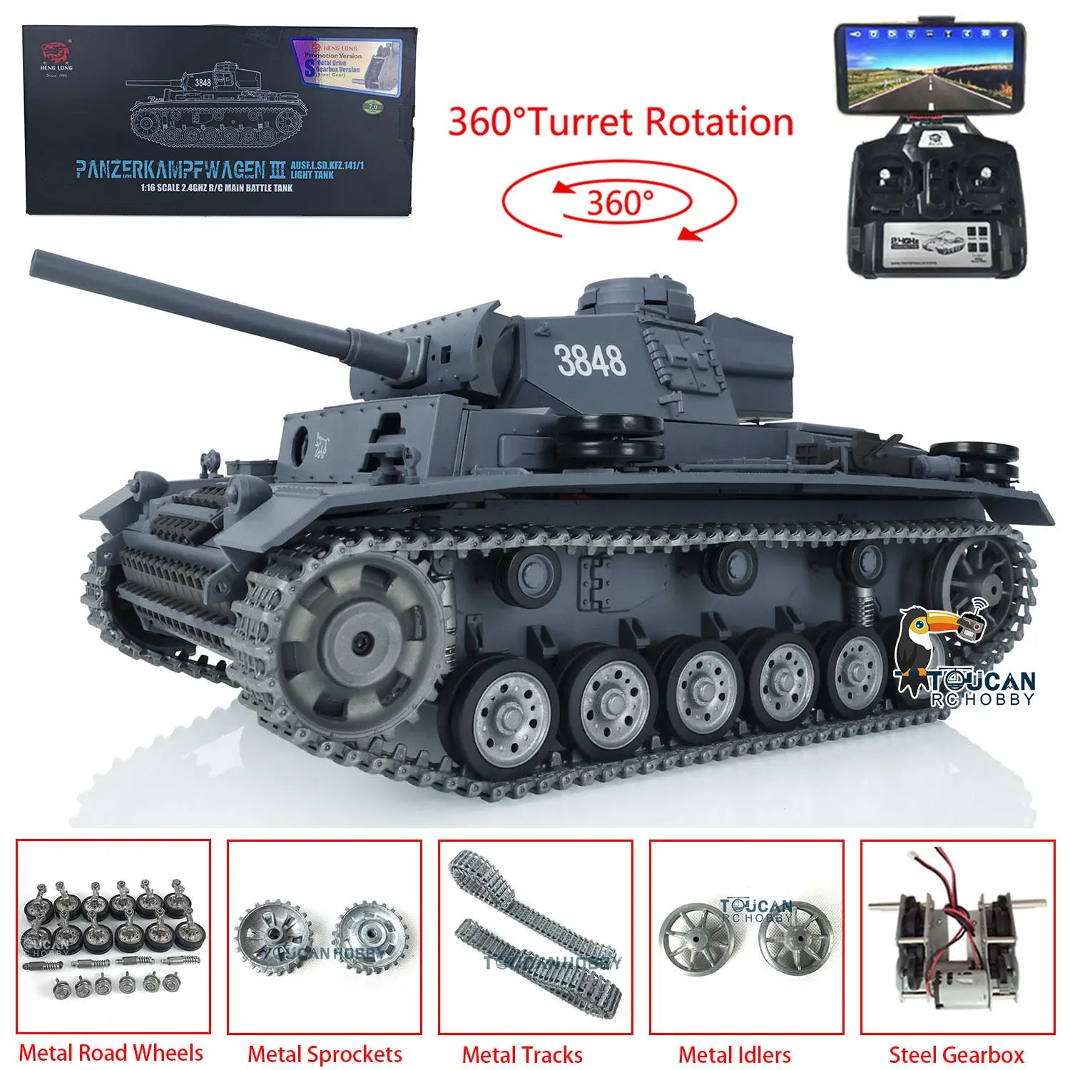 Henglong 1/16 RTR RC Tank 3848 7.0 Customized Panzer III L w/ 360Degrees Rotating Turret FPV Metal Tracks Road Wheels Smoking Gearbox