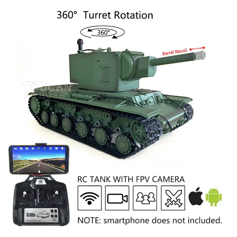 Henglong 1/16 Soviet KV-2 RTR RC Tank Gigant 7.0 FPV 3949 360Degrees Turret Barrel Recoil Steel Driving Gearbox Battery Transmitter