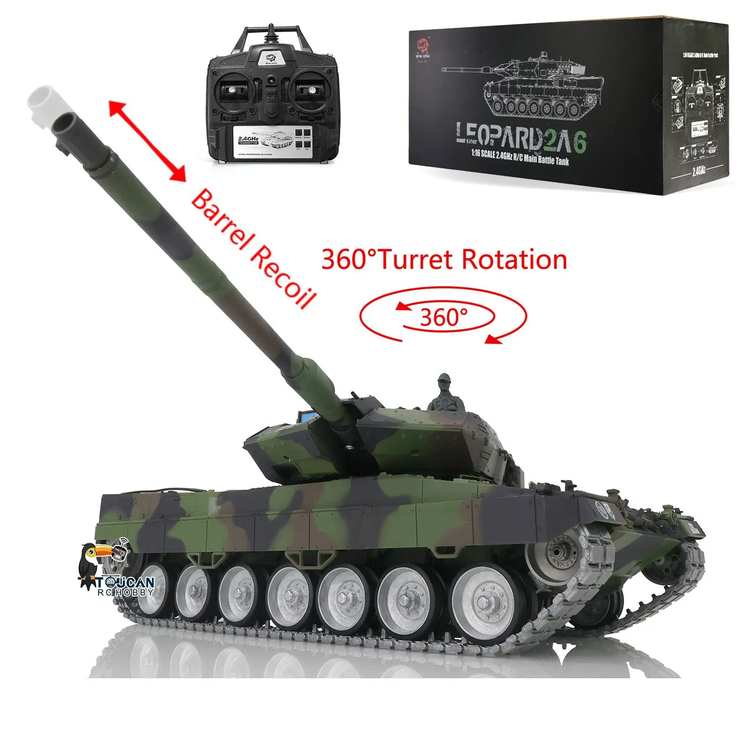 Henglong 1/16 7.0 Customized Leopard2A6 RC Tank 3889 w/ Metal Tracks Road Wheels Barrel Recoil 360Degrees Rotating Turret Engine Sound