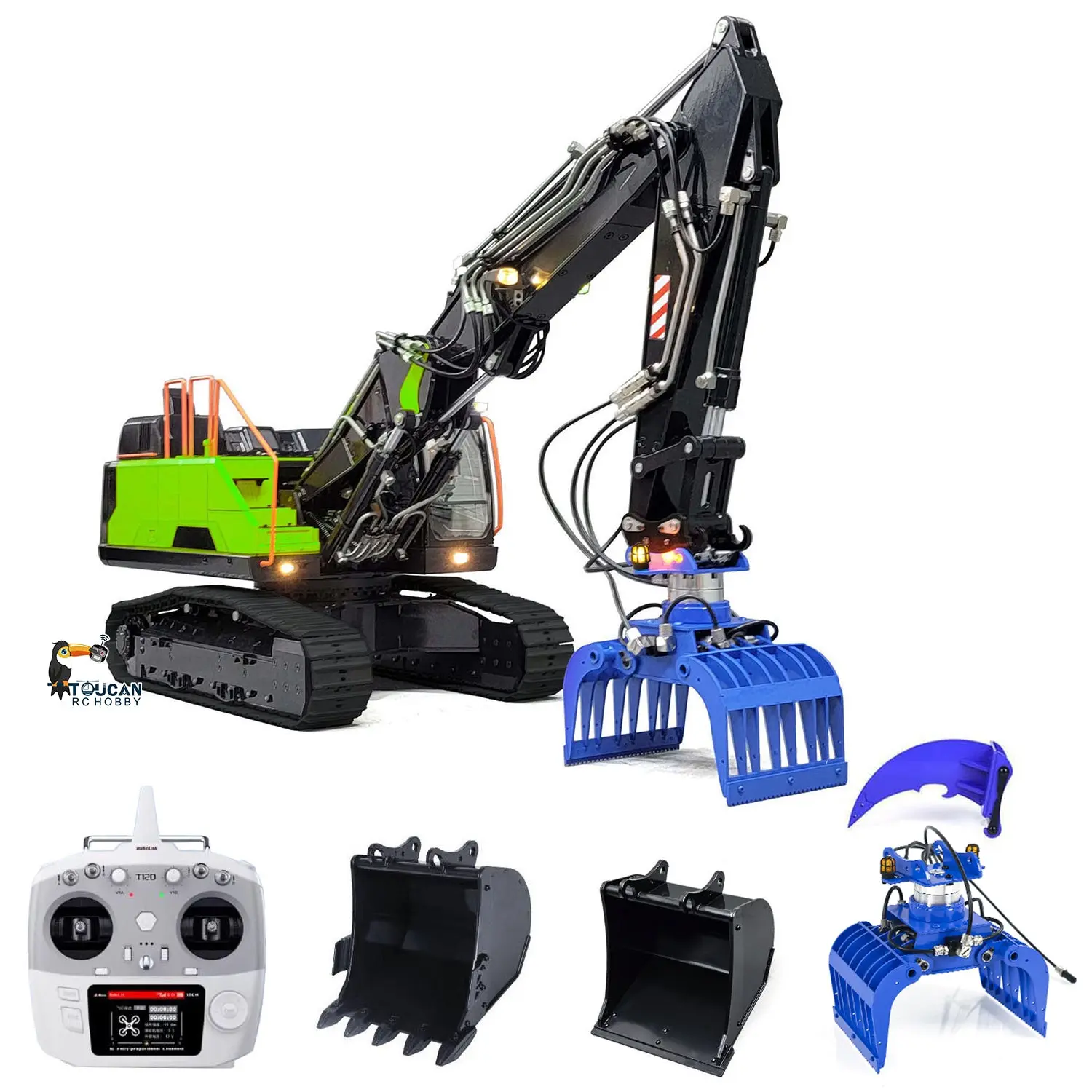 MTM 1/14 EC380 10CH Tracked RC Hydraulic Excavator 3 Arms Digger Grab T12D Remote Controller Metal Heavy Machine Model