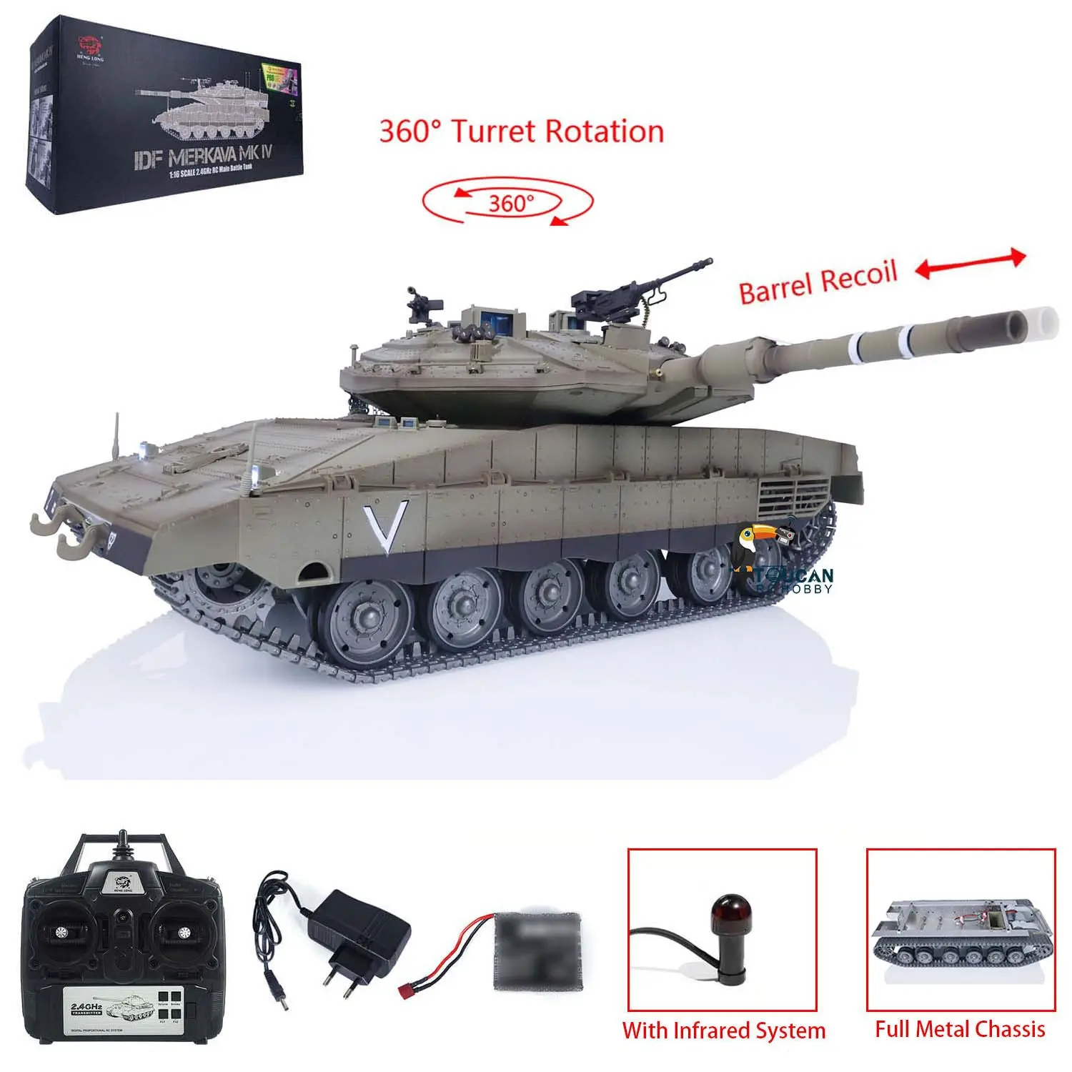 IDF Merkava MK IV 3958 with Full Metal for Heng Long 1/16 RC Battle Tank Vehicle lnfrared Fighting Laser Aming Lights